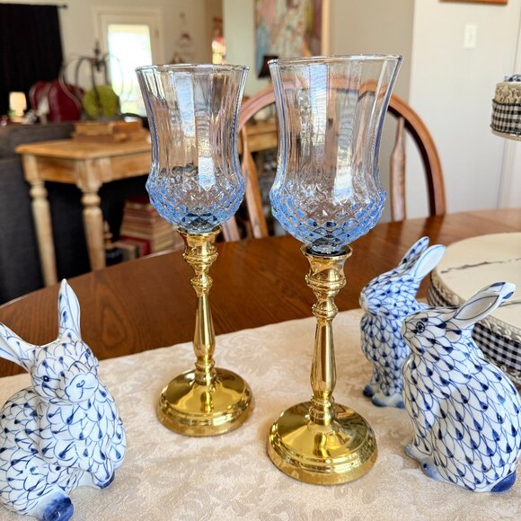 Vintage Brass and Blue Glass Candle holders - Picture 11 of 12